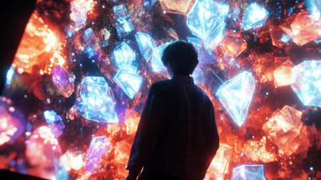 A captivating silhouette stands before a vibrant, abstract display of colorful crystals, reflecting a blend of imagination and digital art in a surreal environment.の素材
