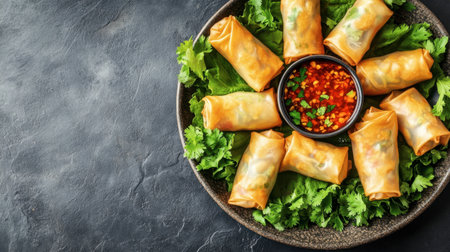 A vibrant platter of fresh spring rolls served with a spicy dipping sauce, garnished with herbs. Perfect for parties, gatherings, or healthy snacks.の素材