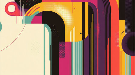 This vibrant abstract design features dynamic shapes and bold colors, creating a visually striking composition perfect for modern art projects or graphic design applications.の素材