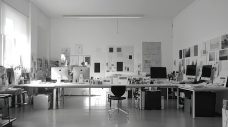 A minimalist office space showcasing computers and various design materials, emphasizing clean lines and organized decor for creative professionals.の素材