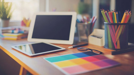 A modern creative workspace featuring a tablet, colorful stationery, and design tools. Perfect for artists, designers, and students seeking inspiration.の素材
