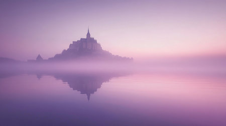A tranquil view of Mont Saint-Michel reflecting in calm waters at dawn. Mist envelops the scene, creating a dreamy atmosphere with soft pink and purple hues.の素材
