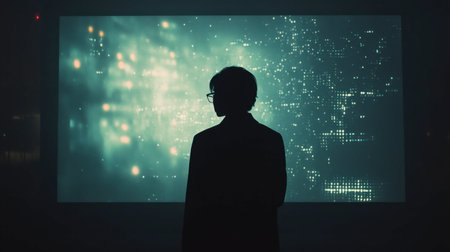 A silhouetted figure stands before a glowing digital display, exploring the intersection of technology and creativity in a modern urban environment.の素材