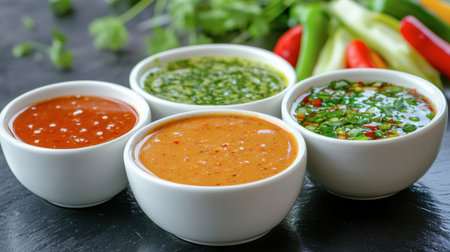 A vibrant assortment of flavorful dipping sauces served in white bowls, perfect for enhancing meals or snacks. Ideal for culinary presentations.の素材