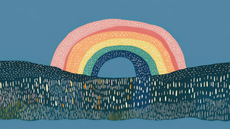 This vibrant artwork features a colorful rainbow arching over an abstract landscape. Perfect for adding a cheerful touch to spaces, it evokes feelings of joy and tranquility.の素材