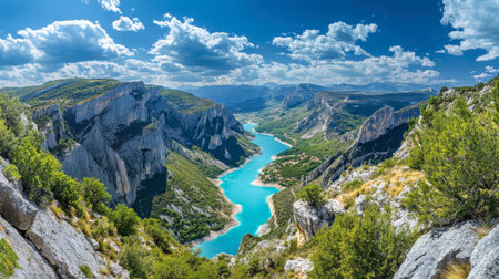 Experience a breathtaking view of a winding river surrounded by majestic mountains and lush greenery under a bright blue sky, perfect for nature lovers.の素材