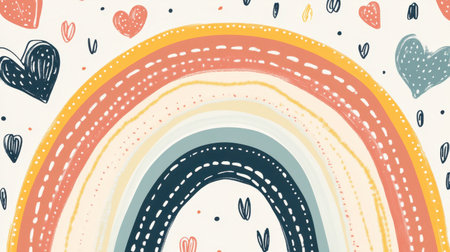 This playful illustration features a colorful rainbow surrounded by whimsical hearts, creating a cheerful and inviting atmosphere perfect for kids' decor or festive designs.の素材