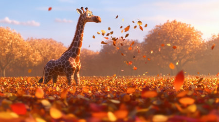 A cheerful giraffe stands in a vibrant landscape of autumn leaves, showcasing the beauty of nature during fall. The playful scene captures the essence of wildlife and seasonal colors.の素材