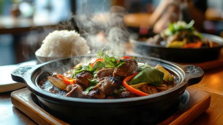 A vibrant plate of sizzling stir-fry with colorful vegetables and succulent meat, served with steamed rice, creating a tempting dining experience.の素材