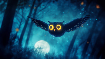 A whimsical owl soars through a mystical forest, illuminated by a full moon and sparkling lights, creating an enchanting and tranquil atmosphere.の素材