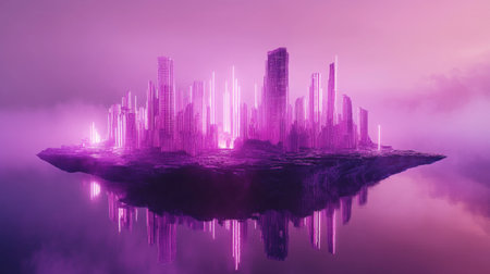 A stunning futuristic cityscape with vibrant neon lights reflected in calm waters, enveloped in mist, creating a serene and imaginative atmosphere.の素材