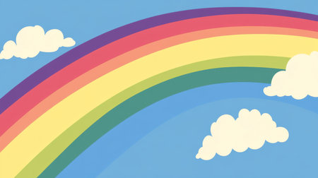 A vibrant rainbow arcs above soft clouds in a clear blue sky, creating a cheerful and tranquil atmosphere. Perfect for nature lovers and artistic projects.の素材