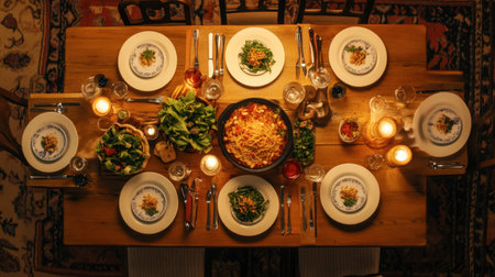 A beautifully arranged dining table featuring a variety of Italian dishes, candles, and fresh ingredients, perfect for an inviting evening gathering.の素材