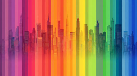 A vibrant and colorful skyline with rainbow stripes creates a cheerful and modern atmosphere. Perfect for celebrations, diversity themes, and artistic projects.の素材