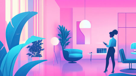 A vibrant interior scene featuring modern design elements, plants, and stylish furniture. A woman interacts with technology, embodying a chic lifestyle.の素材