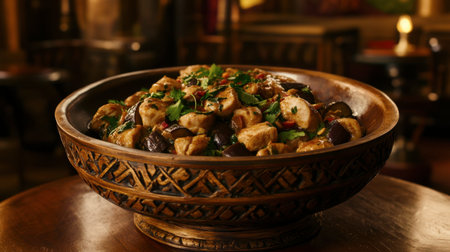 A vibrant and savory dish prepared with fresh ingredients, presented in a beautifully patterned wooden bowl. Perfect for enhancing any dining experience.の素材