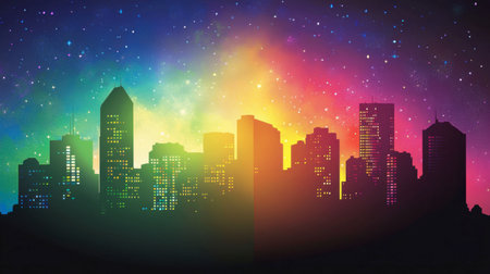 Stunning colorful skyline silhouette against a starry night. The vibrant gradient of colors adds a whimsical touch, perfect for various design projects.の素材