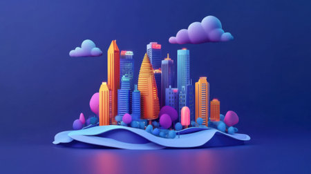 A vibrant 3D illustration of a colorful urban skyline, featuring modern buildings and whimsical trees, set against a deep blue backdrop. Perfect for creative projects.の素材