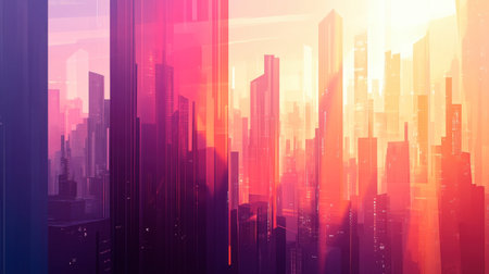 A vibrant and colorful futuristic cityscape at sunset, showcasing tall buildings and reflections in a visually striking urban environment.の素材