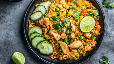 This vibrant rice dish features tender chicken, fresh vegetables, and zesty lime, creating a healthy and flavorful meal perfect for any occasion.の素材