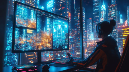 A tech-savvy individual immersed in work against a vibrant futuristic cityscape filled with neon lights. Perfect for themes of innovation and urban lifestyle.の素材