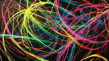Bright and vibrant abstract lines dancing across a dark background. Perfect for creative projects, this colorful artwork adds energy and movement to any design.の素材