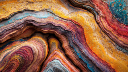 Close-up view of colorful rock layers showcasing vibrant textures and patterns. This abstract image highlights the beauty of natural geological formations.の素材