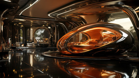 A stunning futuristic interior featuring smooth and shiny surfaces, creating an atmosphere of luxury and innovation. Perfect for design inspiration.の素材
