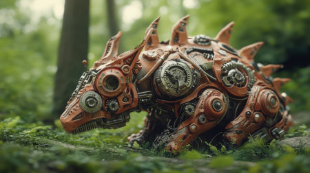 A steampunk creature featuring intricate gears and a vibrant design, nestled in a lush forest. This fantasy-inspired animal reflects a blend of nature and technology.の素材