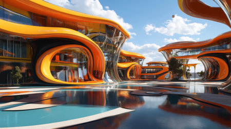 Experience a vibrant display of modern futuristic architecture featuring bold orange designs and reflective surfaces set by a serene pool under a bright sky.の素材