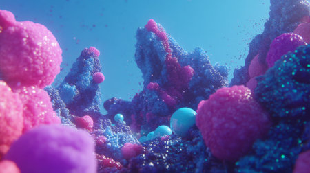 Explore a vibrant abstract landscape featuring colorful textures and formations. This surreal scene showcases glowing spheres and organic shapes, perfect for artistic projects.の素材