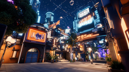 A stunning urban scene showcasing a vibrant neon cityscape at night. Bright lights illuminate the streets, creating a futuristic atmosphere filled with life and energy.の素材