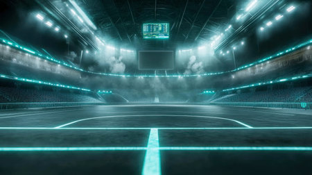 A captivating view of a futuristic stadium featuring neon lights and smoke effects. This empty arena embodies excitement and potential for thrilling sports events.の素材