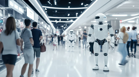 A futuristic scene of robots interacting with shoppers in a modern mall setting. The design emphasizes technology, consumer engagement, and innovation.の素材