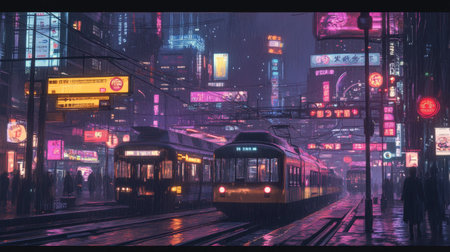 A stunning urban landscape featuring vibrant neon lights, trams gliding through rain-soaked streets, creating a lively nighttime atmosphere in a modern city.の素材