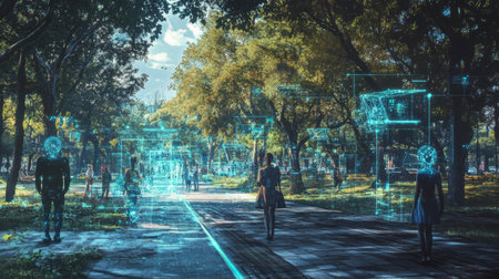 Scenic urban park blending nature and technology with digital figures walking among trees, showcasing a futuristic lifestyle and community interaction.の素材
