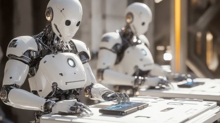 Humanoid robots interact with tablets in a modern workspace, showcasing the intersection of technology and automation in a futuristic environment.の素材