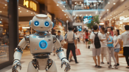 A charming robot stands out in a busy shopping mall, surrounded by shoppers. The scene highlights the integration of advanced technology in everyday retail settings.の素材