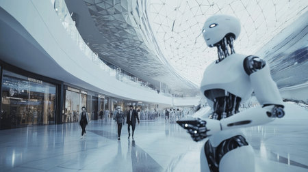 A futuristic robot stands in a sleek shopping center, blending technology and modern design. The scene captures the essence of urban life and innovation.の素材