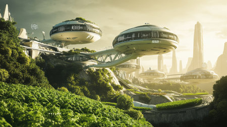 A stunning futuristic landscape showcasing floating structures amidst lush greenery, blending technology and nature in a serene, visionary environment.の素材
