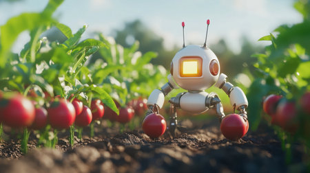 A cute robot tending to ripe tomatoes in a vibrant farm setting. This image showcases innovation in agriculture, blending technology with nature's bounty.の素材