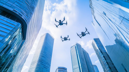 A dynamic scene featuring drones flying above towering skyscrapers, showcasing modern architecture and technology in an urban environment under a bright sky.の素材