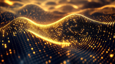 This image features abstract golden wave patterns illuminated with glowing effects. Ideal for themes of technology, elegance, and modern design.の素材
