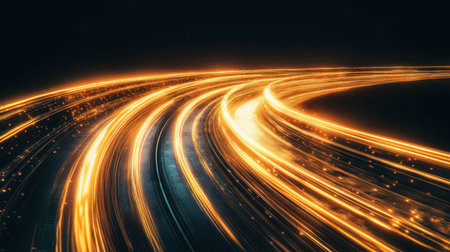 Vibrant light trails curve dynamically against a dark backdrop, creating an abstract representation of speed and motion, perfect for technology and design themes.の素材