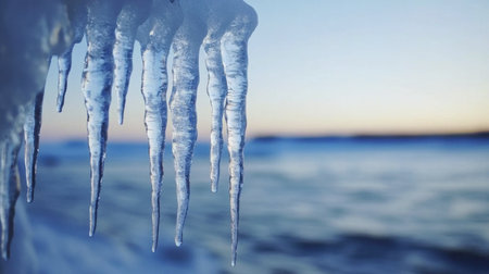 Stunning close-up of icicles hanging from a ledge, set against a serene winter landscape. The tranquil scene captures the essence of cold weather, with a beautiful blue sky reflecting off the icy formations.の素材