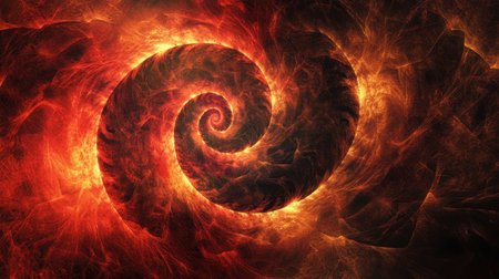 This vibrant abstract image features a swirling flame pattern in rich reds and oranges, creating a dynamic and energetic visual experience perfect for backgrounds or artistic projects.の素材