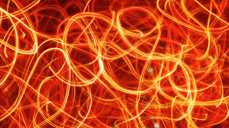 This abstract image features dynamic orange light trails on a dark background, creating a vibrant and energetic visual perfect for design projects or artistic inspiration.の素材