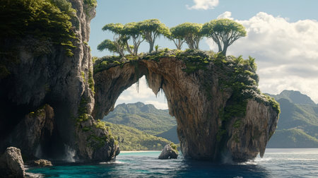 This stunning image features a natural arch adorned with lush trees rising above clear waters, creating a serene tropical landscape perfect for exploration.の素材