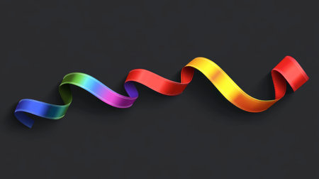 A vibrant, colorful ribbon twists gracefully against a dark background, showcasing a smooth texture and playful waves, perfect for festive designs.の素材