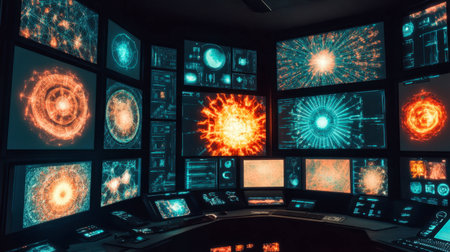 Explore a futuristic control room filled with vibrant digital displays, showcasing advanced technology and innovative designs. Perfect for science and tech themes.の素材